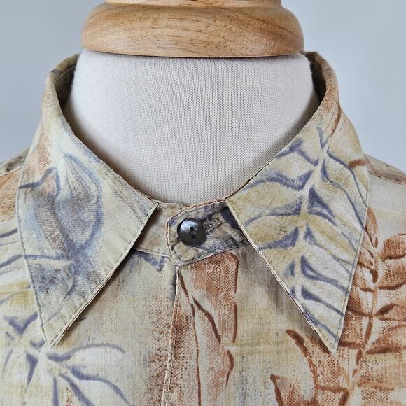 Tori Richard Cotton Lawn Tropical Print Brown Gray Hawaiian Shirt | Men's Medium - Picture 13 of 16
